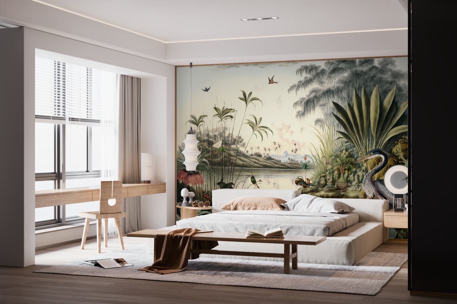 Papier peint Grue près d'un étang verdâtre