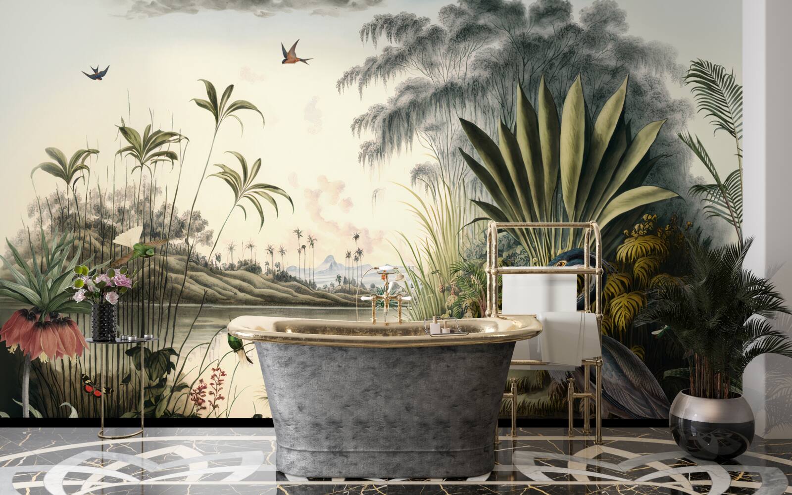 Papier peint Grue près d'un étang verdâtre