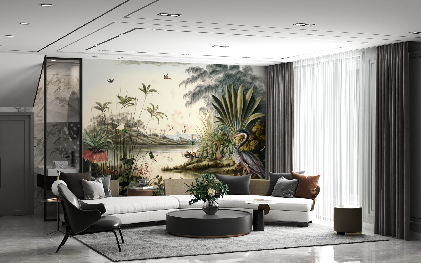 Papier peint Grue près d'un étang verdâtre