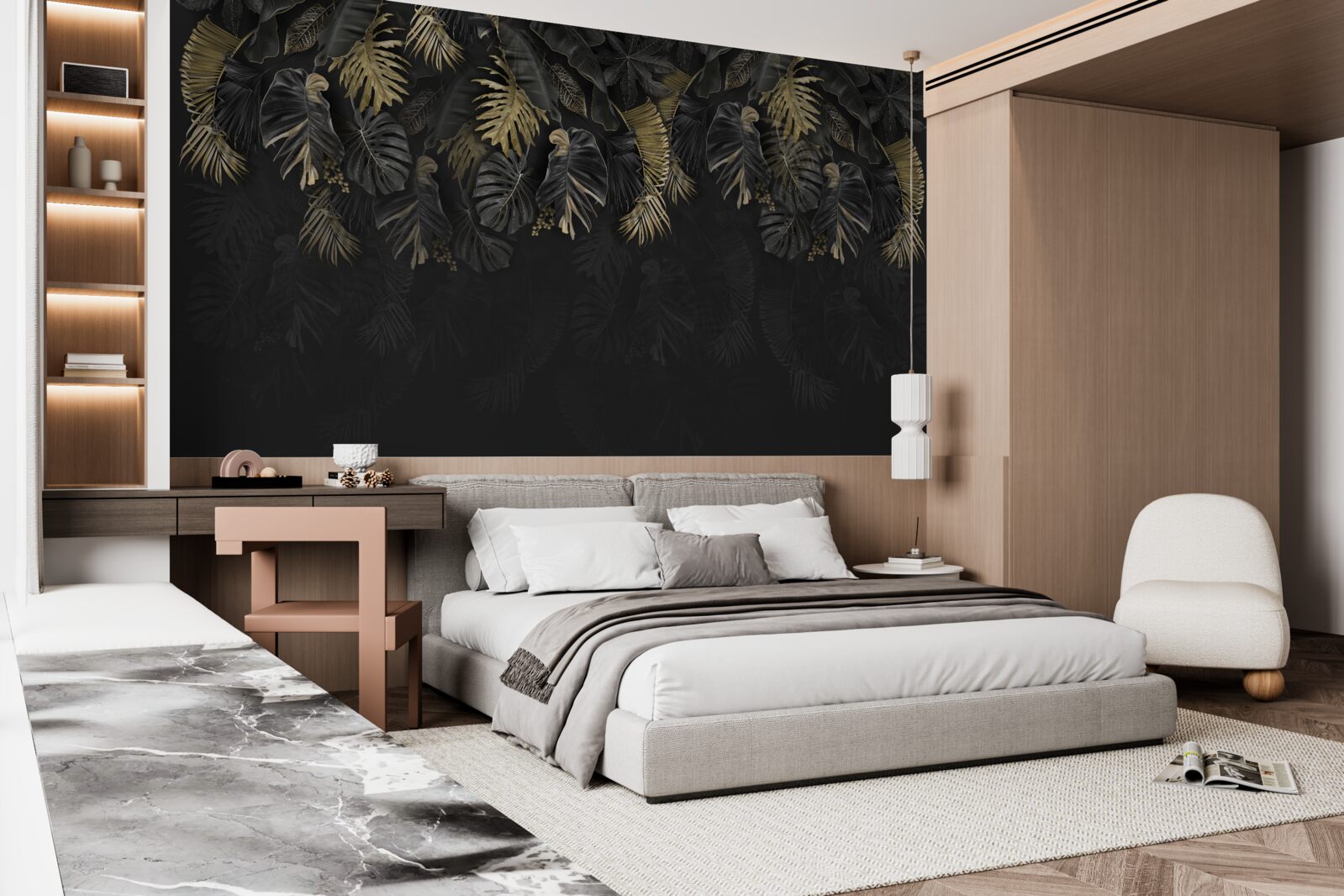 Papier peint fougère nocturne, peinte dans des tons d'or et de vert