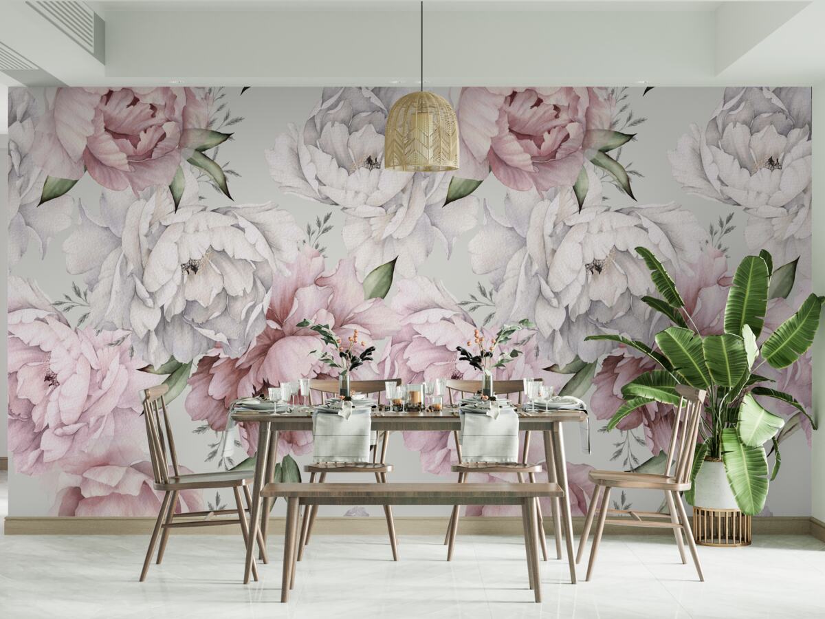 Papier peint de belles pivoines dans les tons blanc et rose