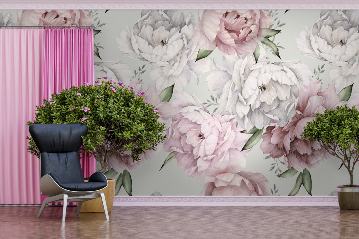Papier peint de belles pivoines dans les tons blanc et rose