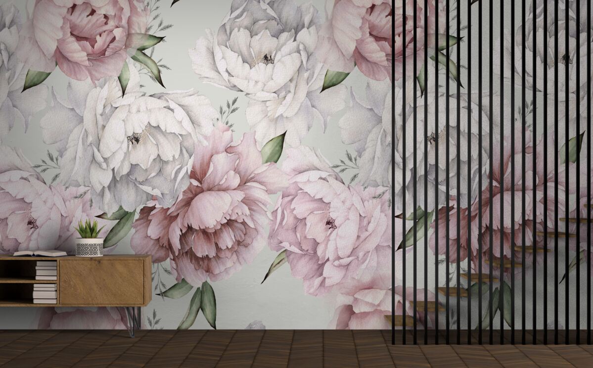 Papier peint de belles pivoines dans les tons blanc et rose