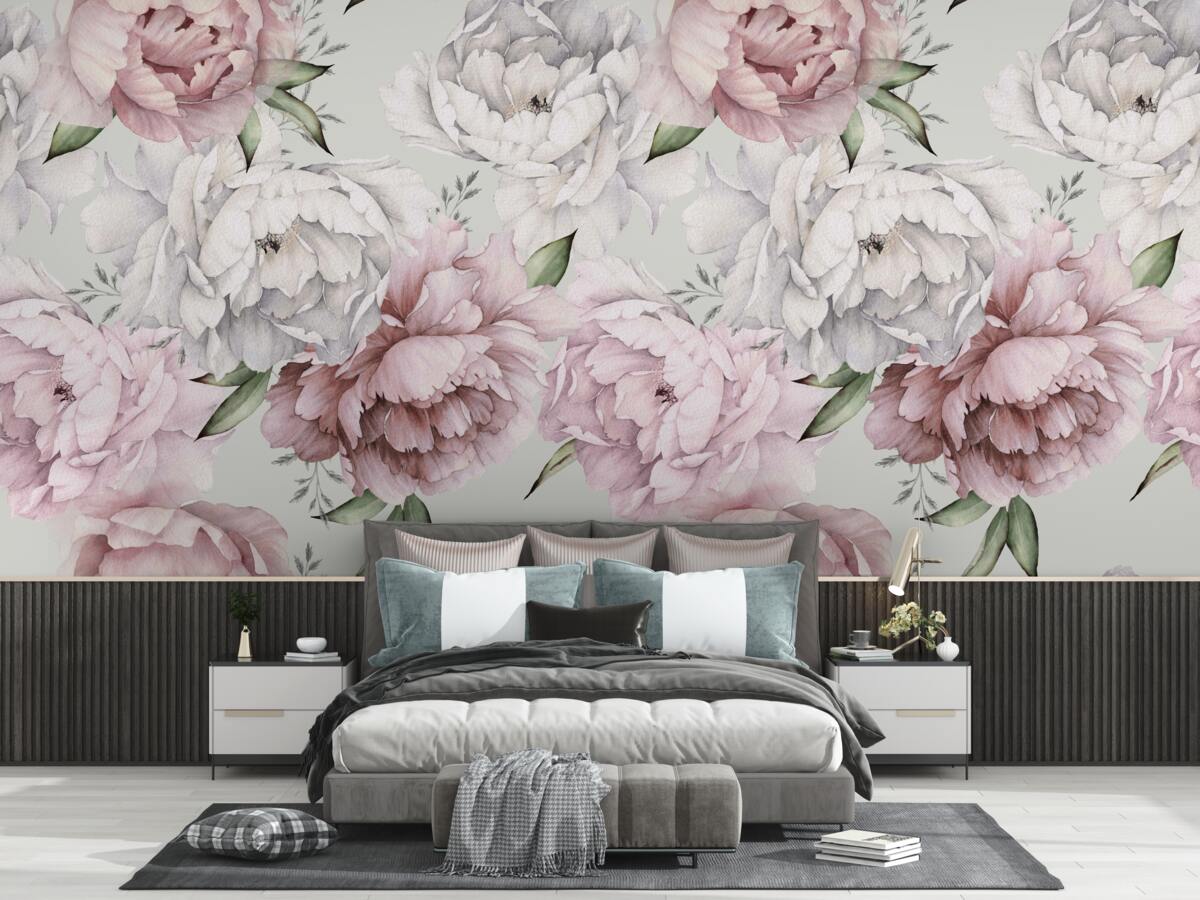 Papier peint de belles pivoines dans les tons blanc et rose