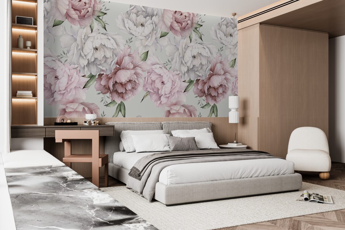 Papier peint de belles pivoines dans les tons blanc et rose