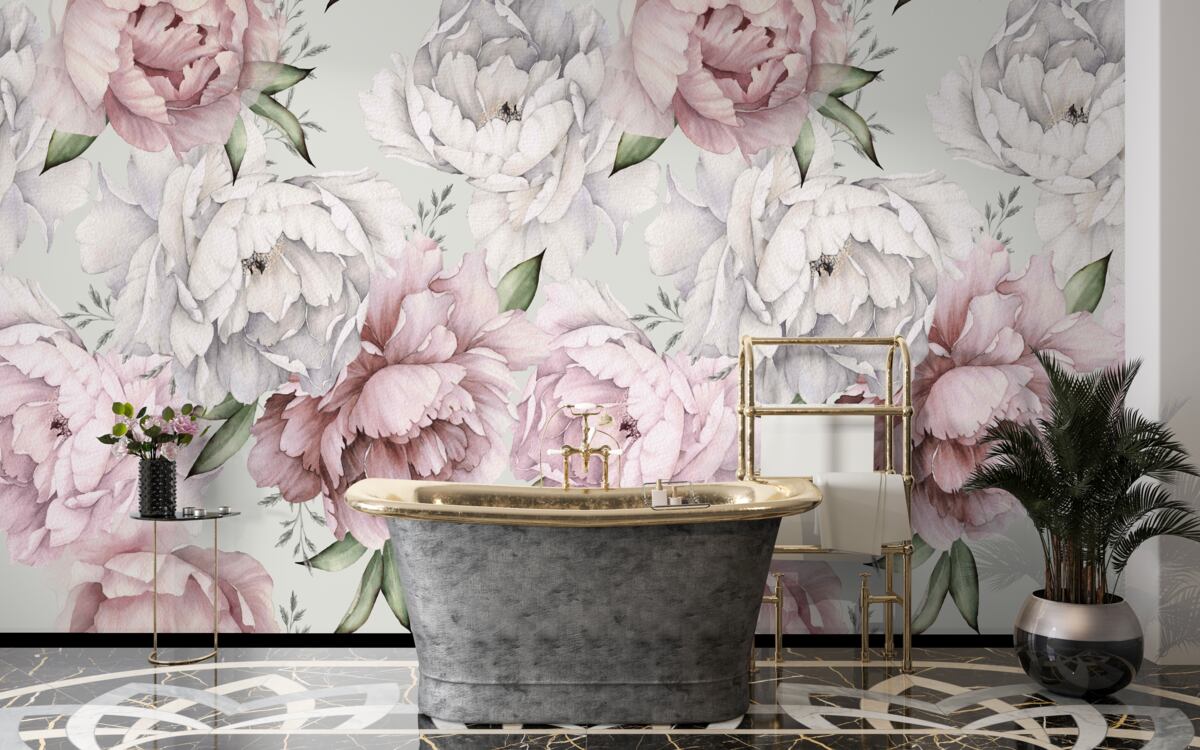 Papier peint de belles pivoines dans les tons blanc et rose