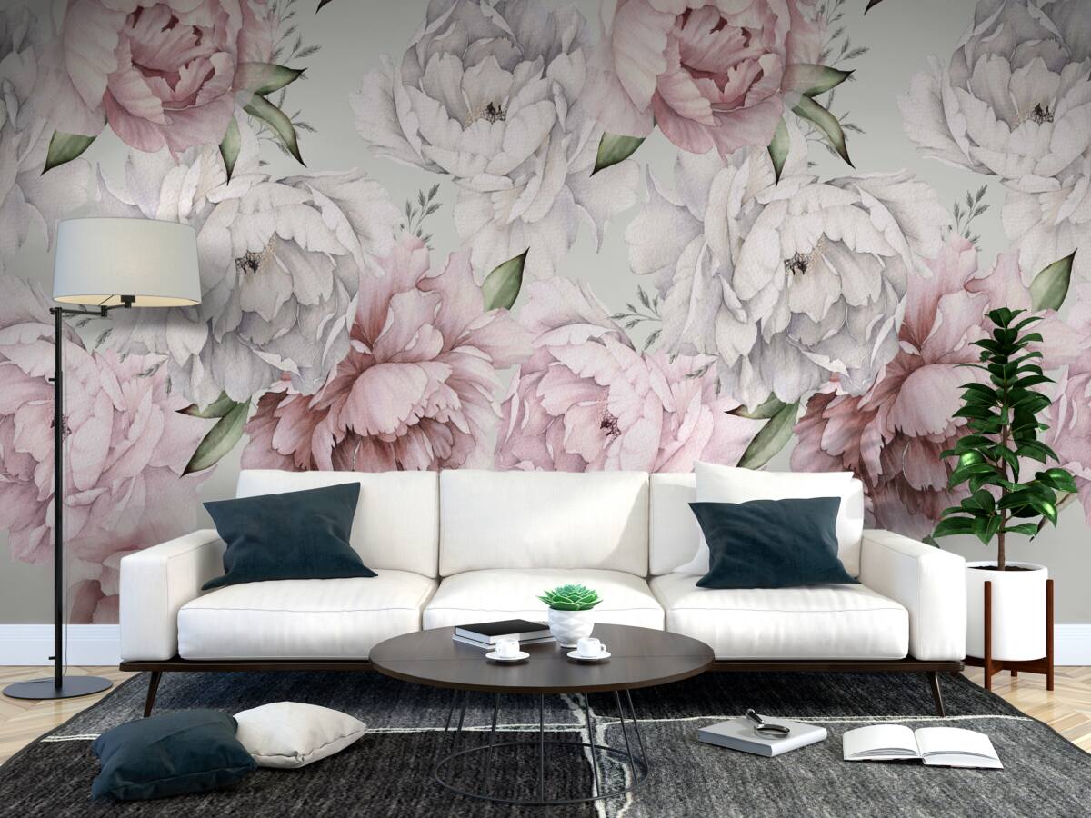 Papier peint de belles pivoines dans les tons blanc et rose