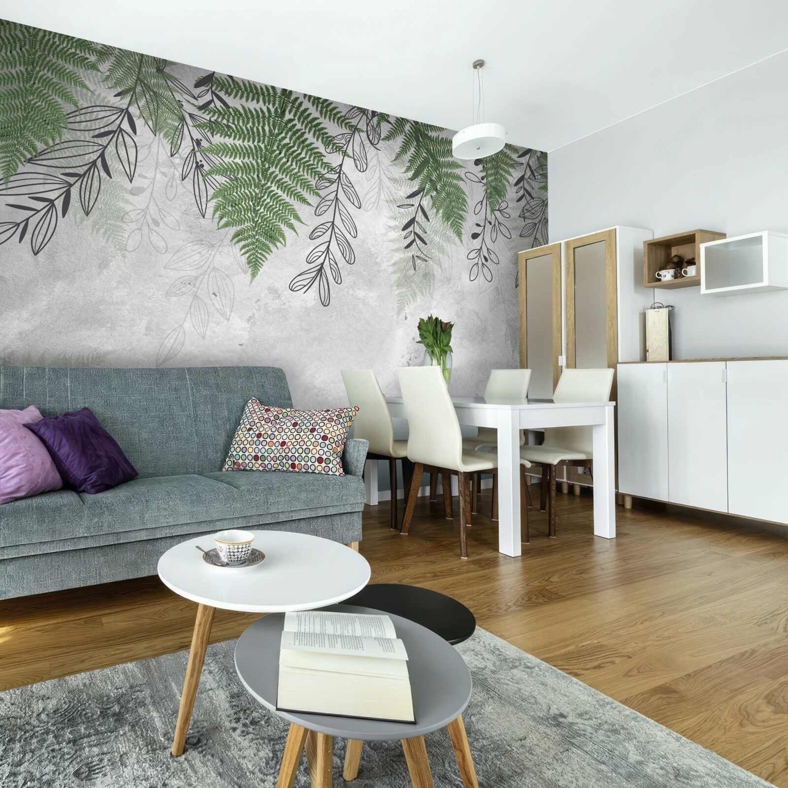 Papier peint feuilles de fougère en vert sur fond gris