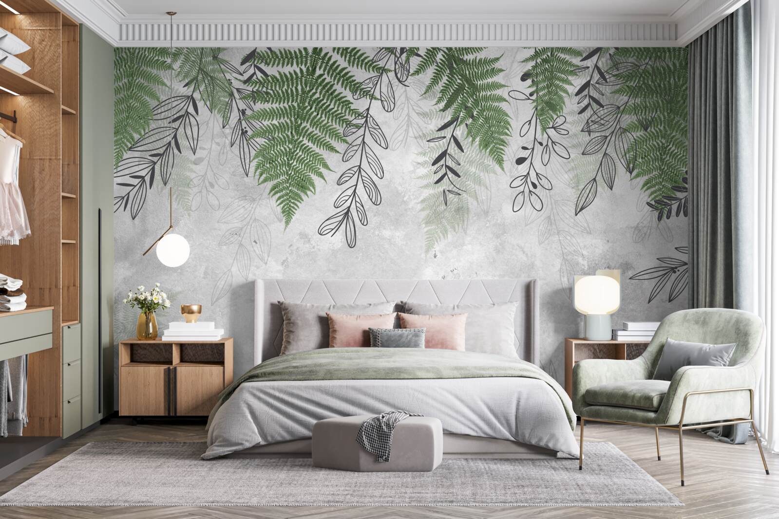 Papier peint feuilles de fougère en vert sur fond gris