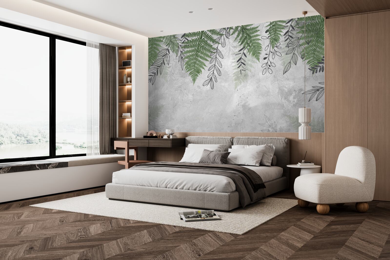 Papier peint feuilles de fougère en vert sur fond gris