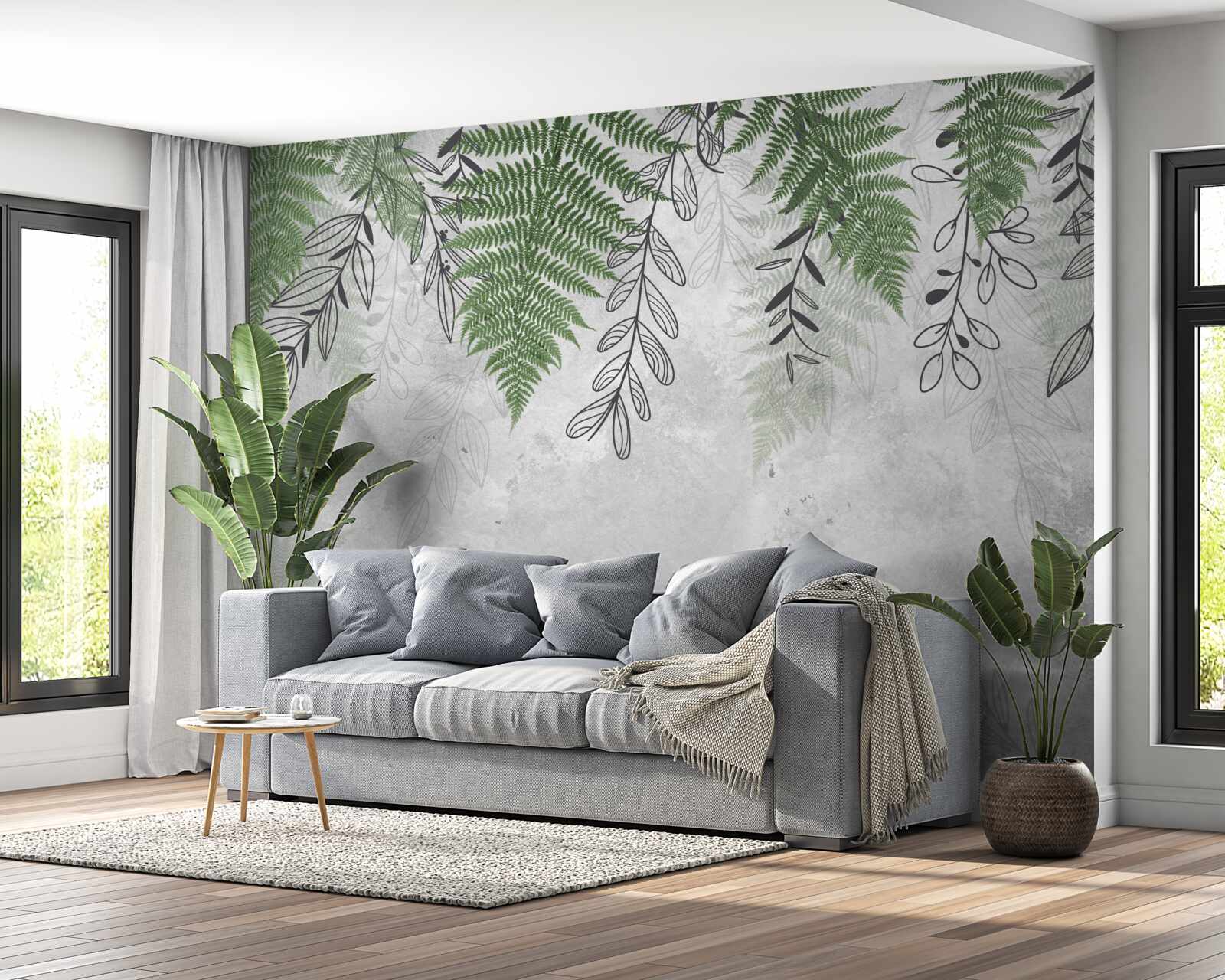 Papier peint feuilles de fougère en vert sur fond gris