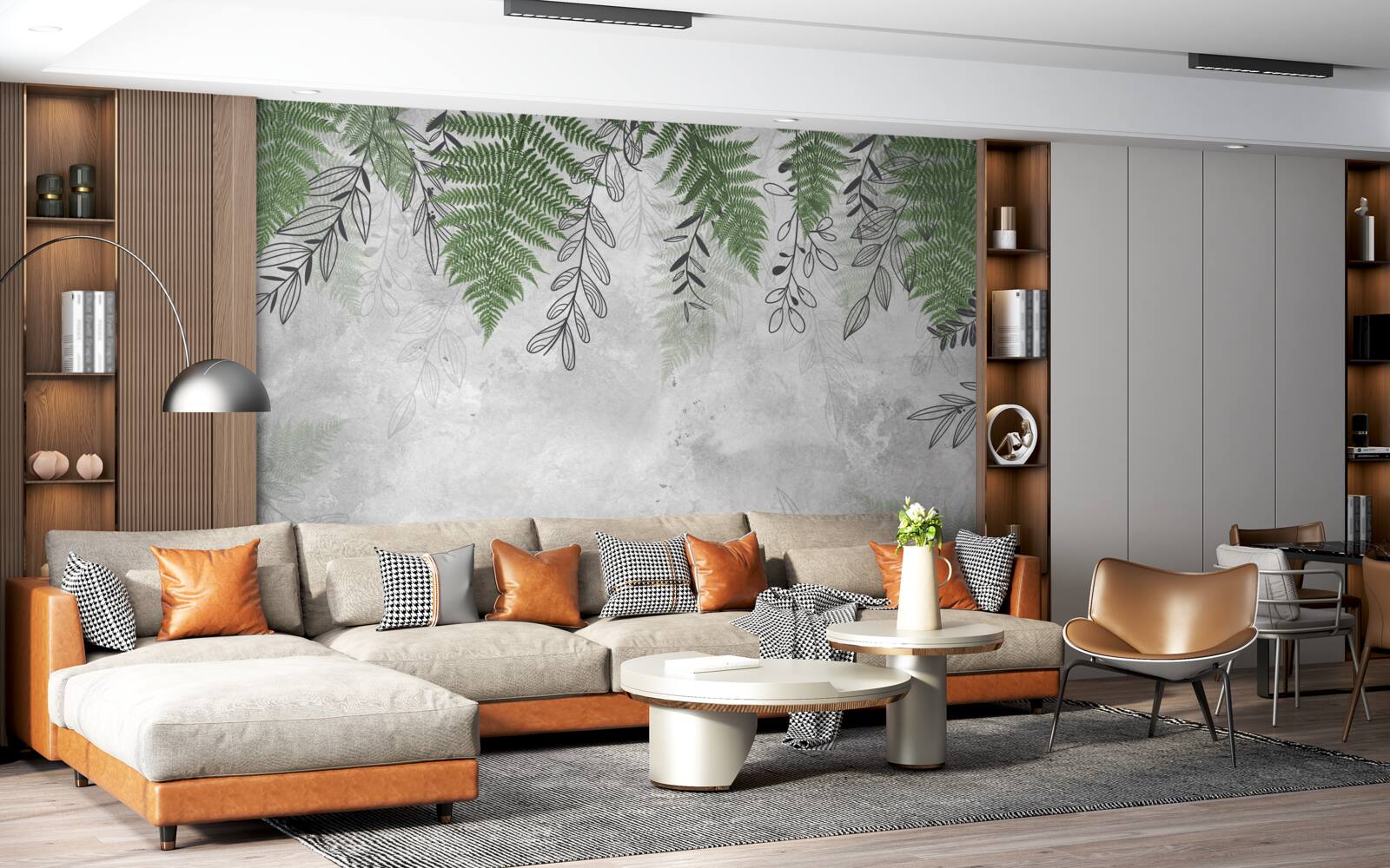 Papier peint feuilles de fougère en vert sur fond gris