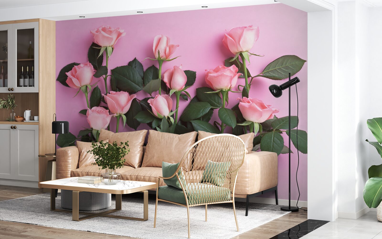 Papier peint roses délicates sur fond rose uni