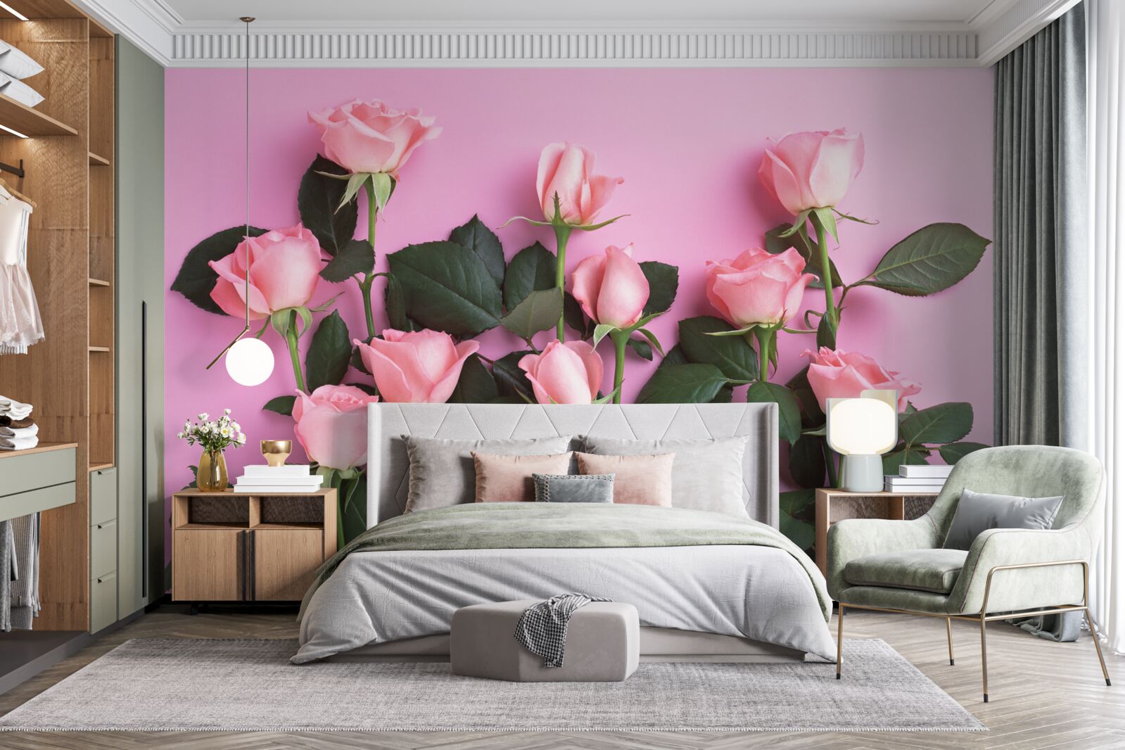 Papier peint roses délicates sur fond rose uni