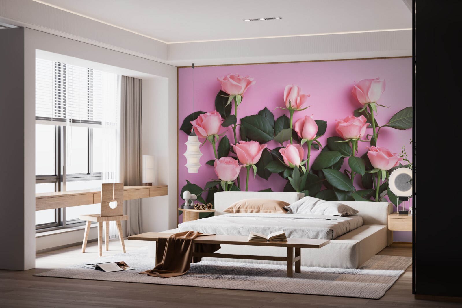 Papier peint roses délicates sur fond rose uni