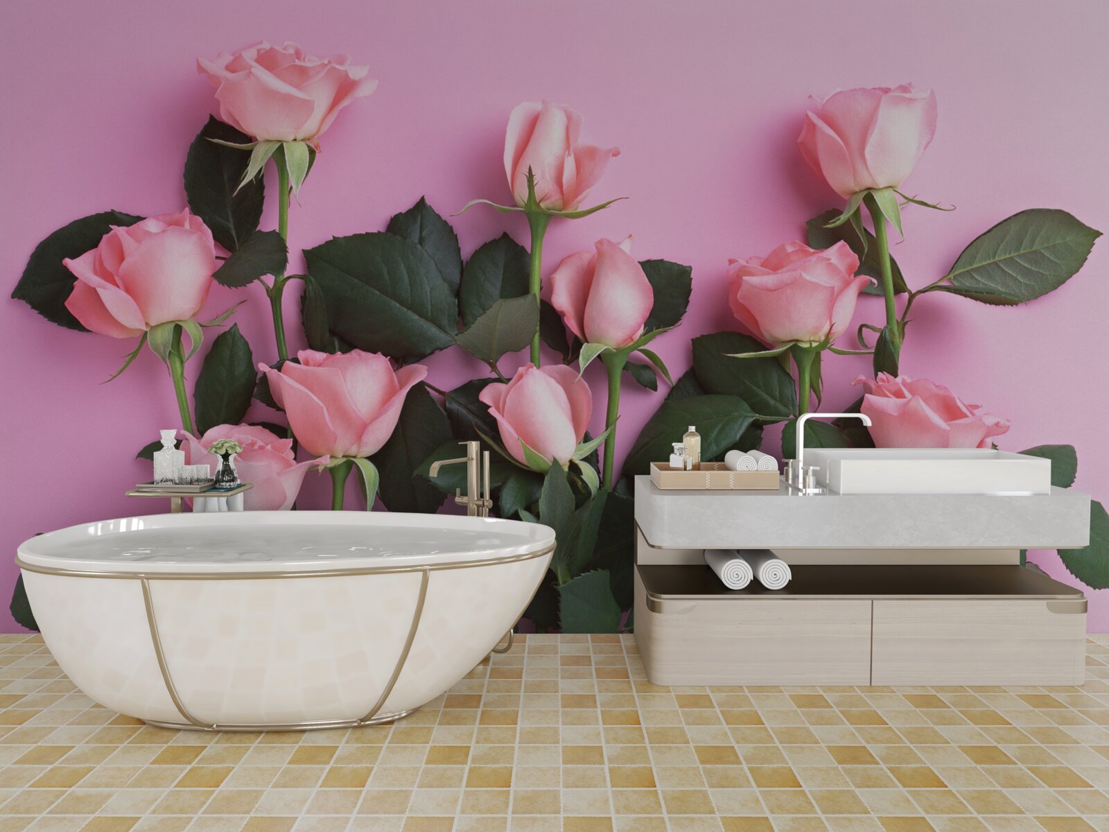 Papier peint roses délicates sur fond rose uni