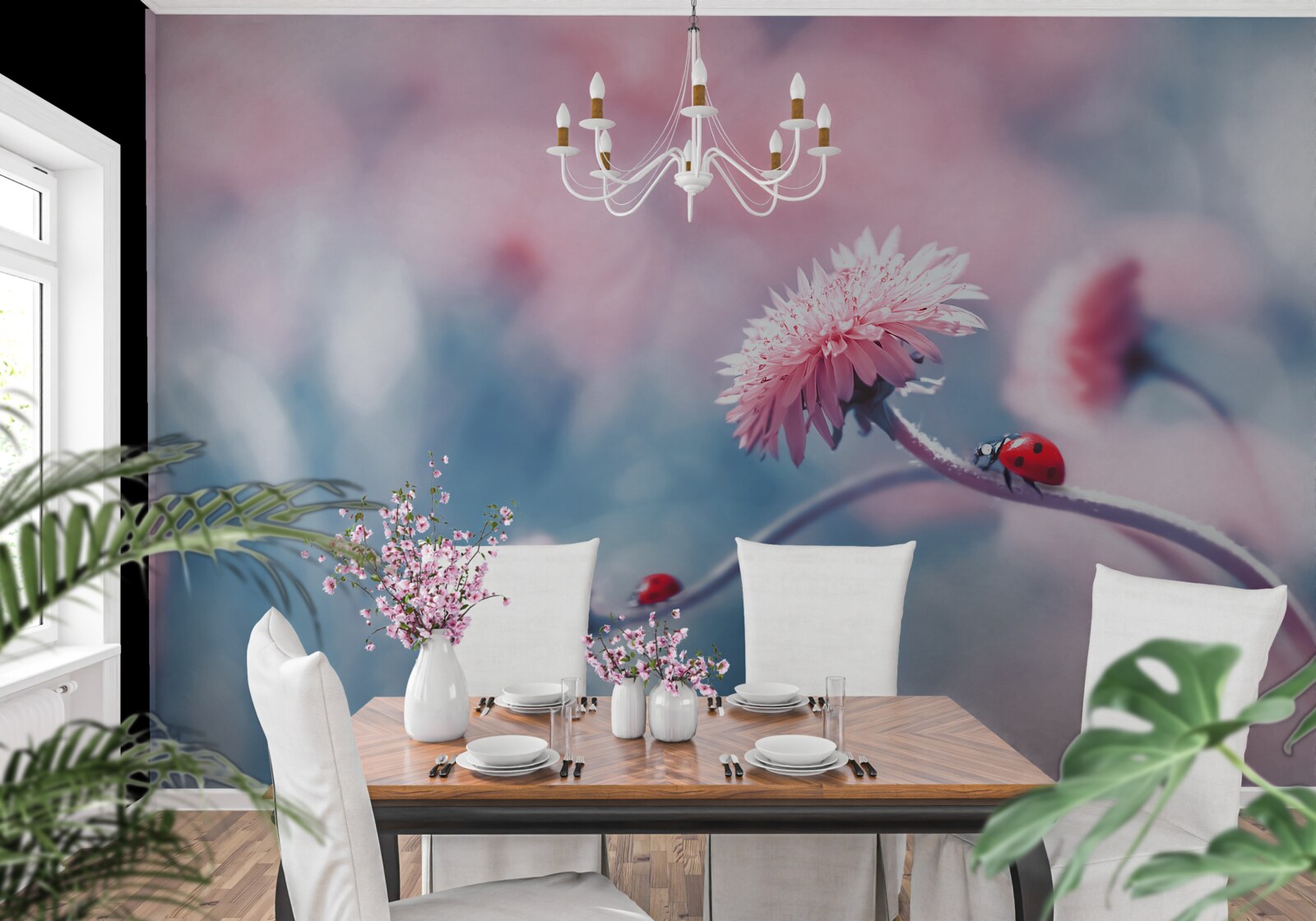 Papier peint les vaches du dieu sont sur des fleurs roses