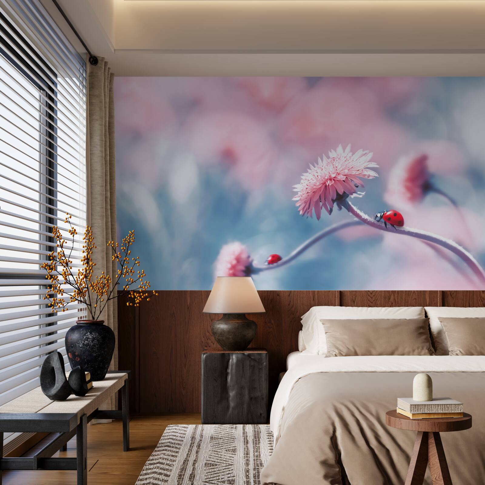 Papier peint les vaches du dieu sont sur des fleurs roses