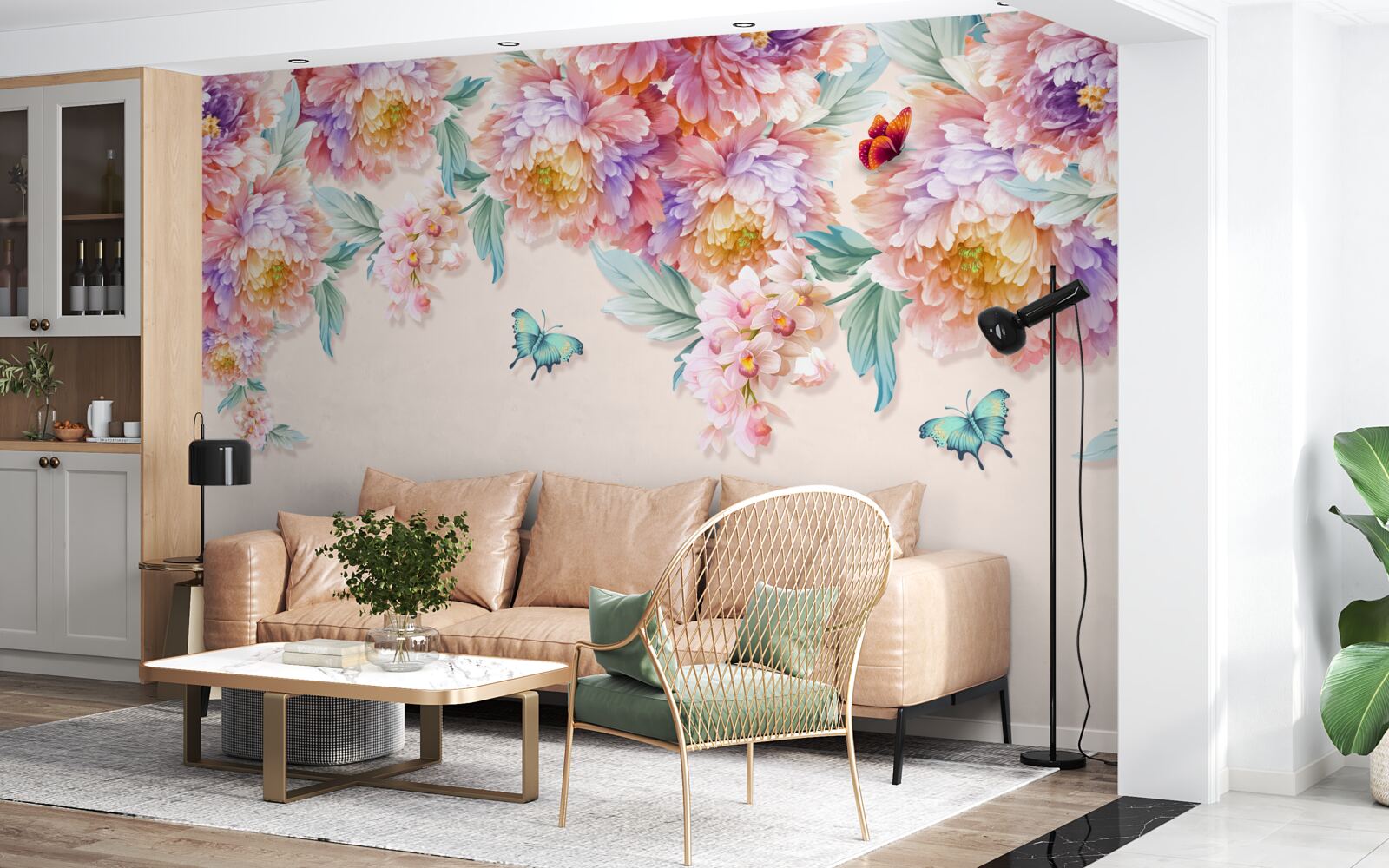 Papier peint les fleurs printanières sont parsemées de papillons