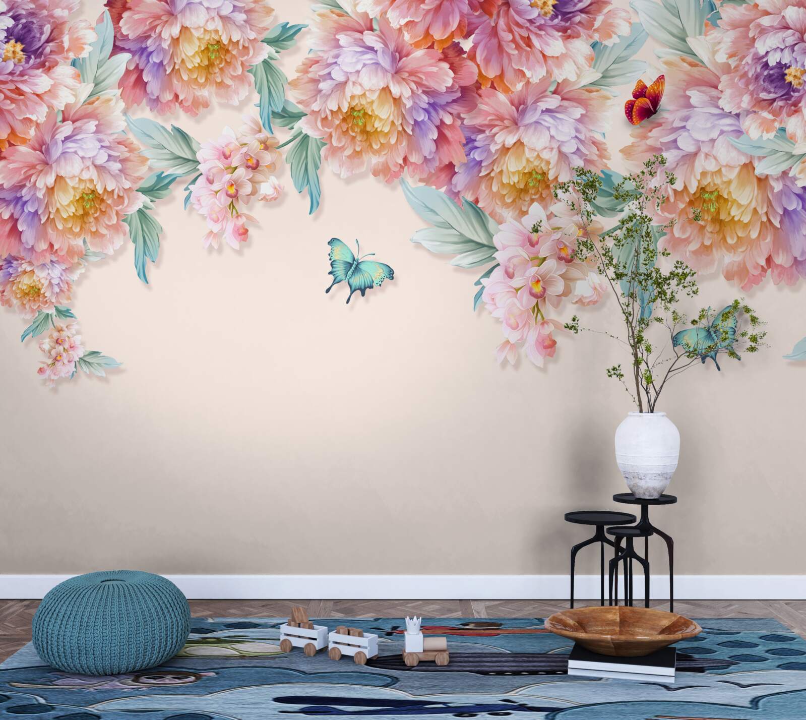 Papier peint les fleurs printanières sont parsemées de papillons