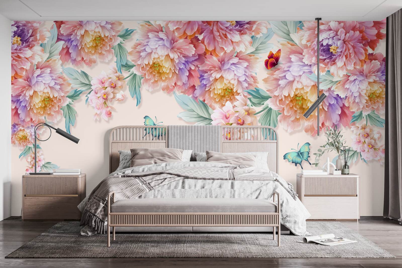 Papier peint les fleurs printanières sont parsemées de papillons