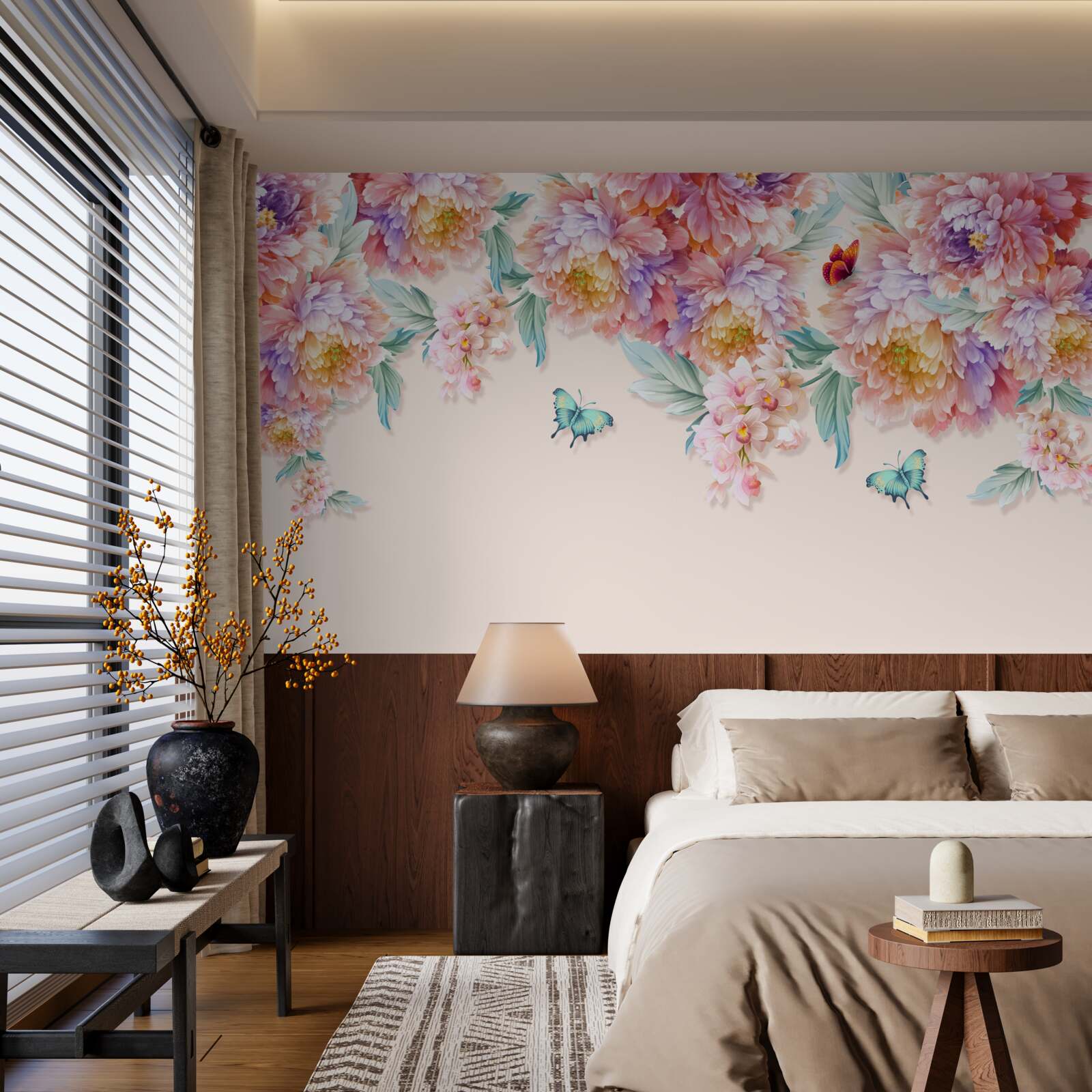 Papier peint les fleurs printanières sont parsemées de papillons