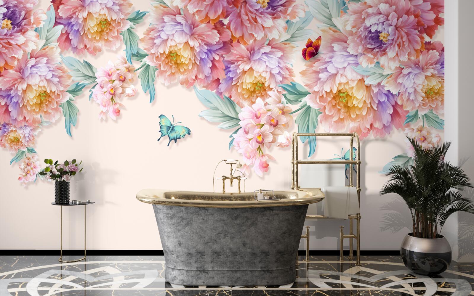 Papier peint les fleurs printanières sont parsemées de papillons