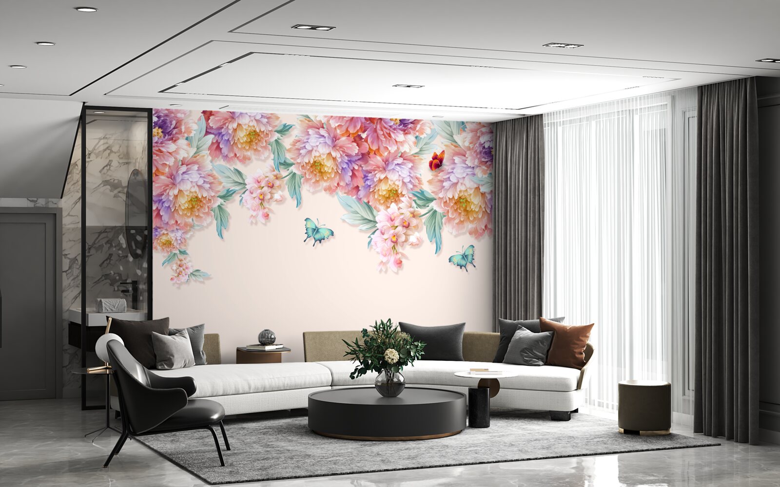 Papier peint les fleurs printanières sont parsemées de papillons