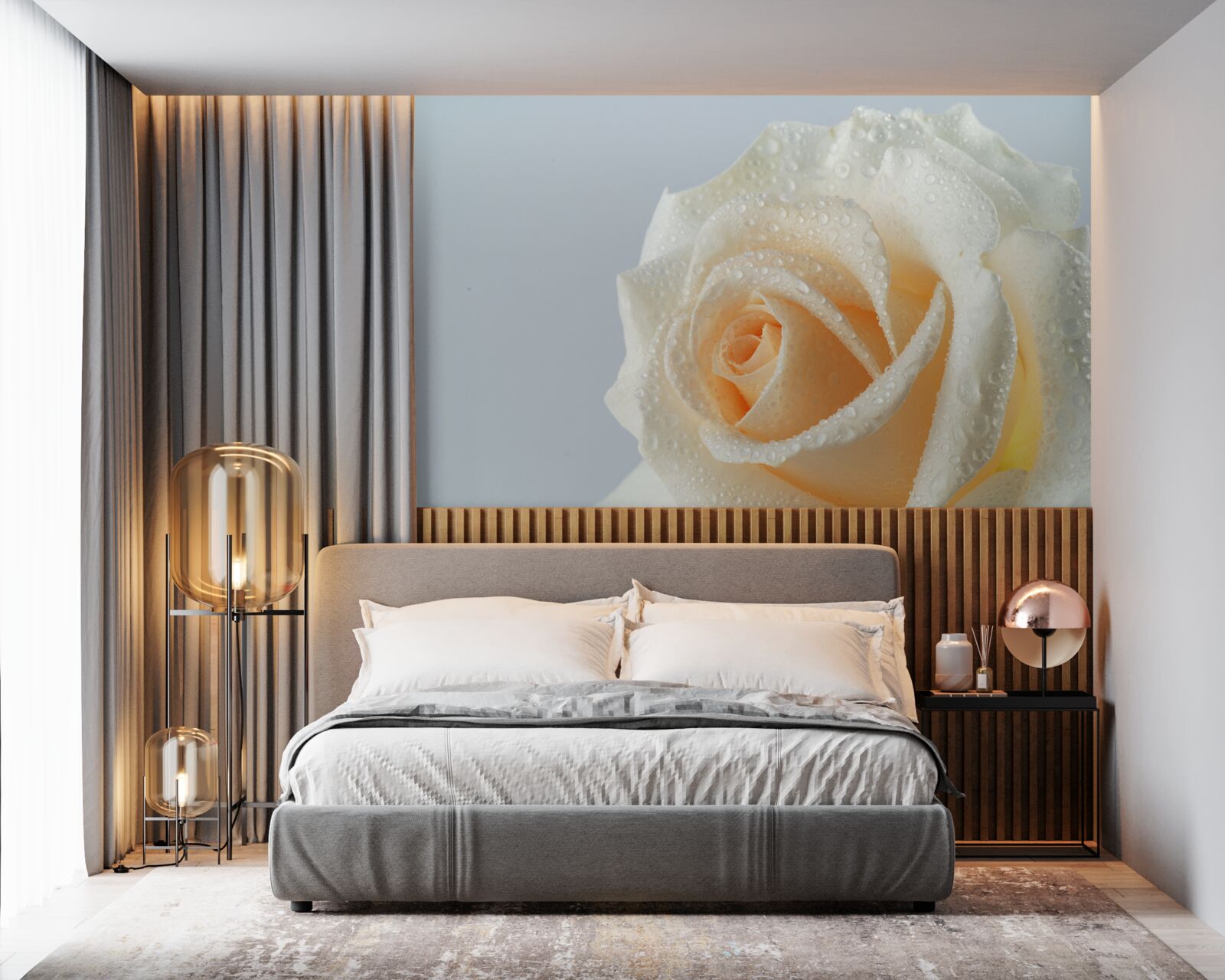 Papier peint gouttes d'eau sur une fleur de rose crème