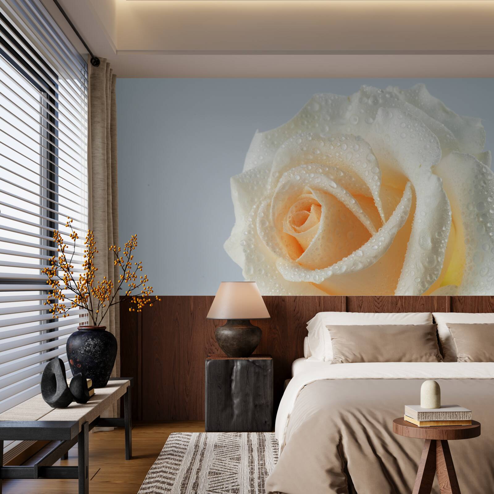 Papier peint gouttes d'eau sur une fleur de rose crème