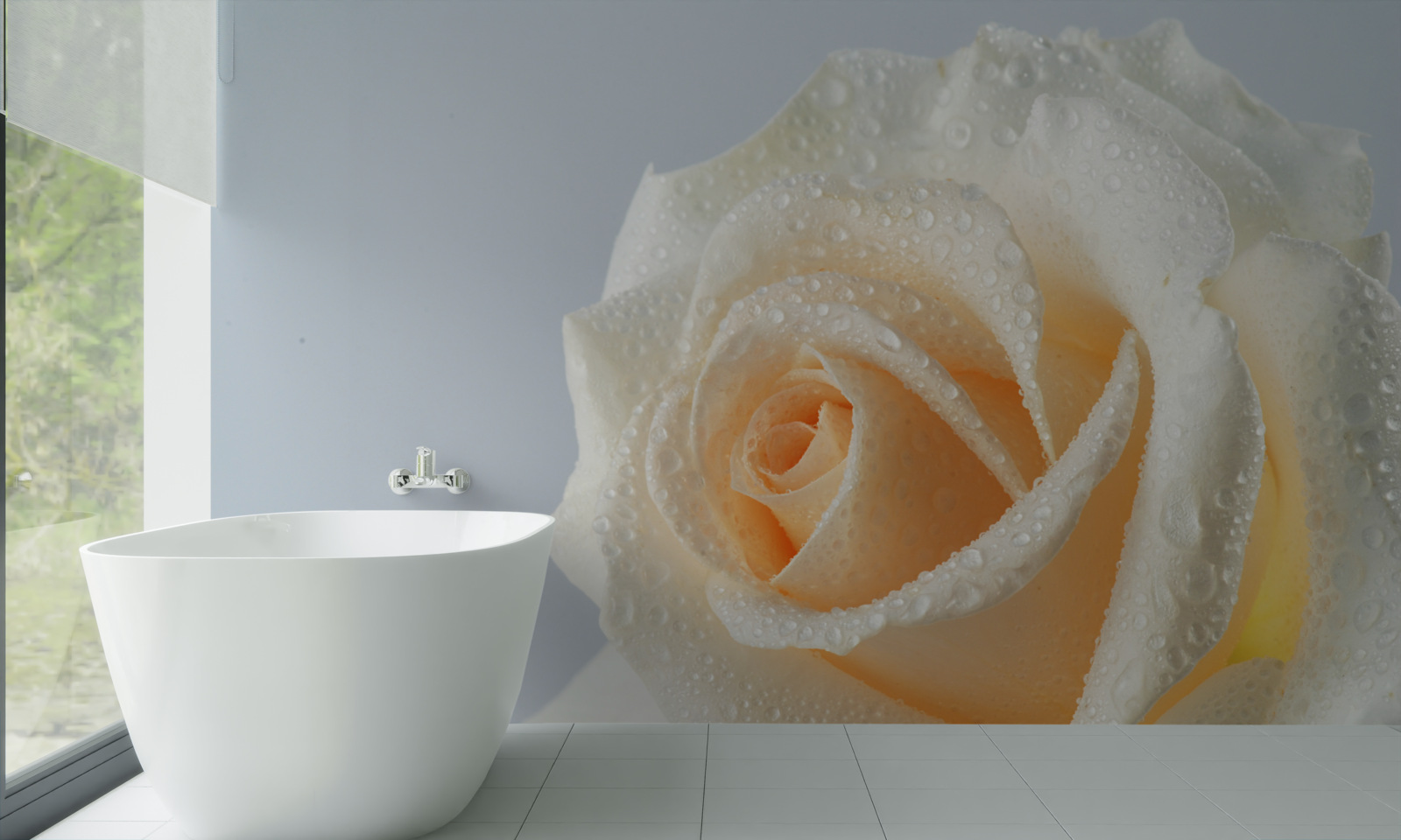 Papier peint gouttes d'eau sur une fleur de rose crème