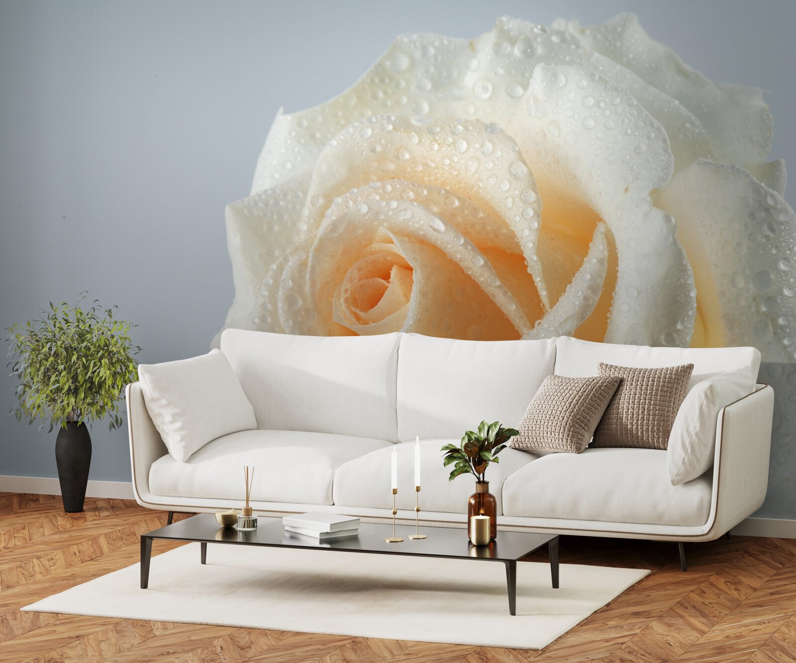 Papier peint gouttes d'eau sur une fleur de rose crème