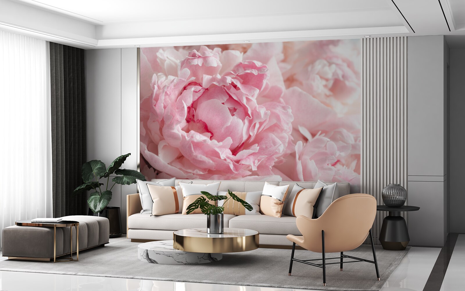 Papier peint bouquet de pivoines d'un rose délicat