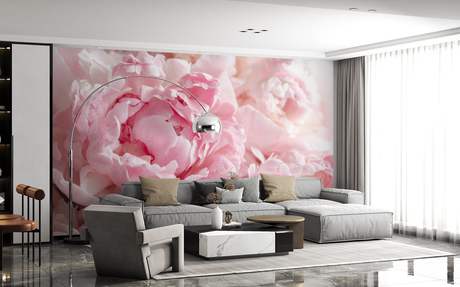 Papier peint bouquet de pivoines d'un rose délicat