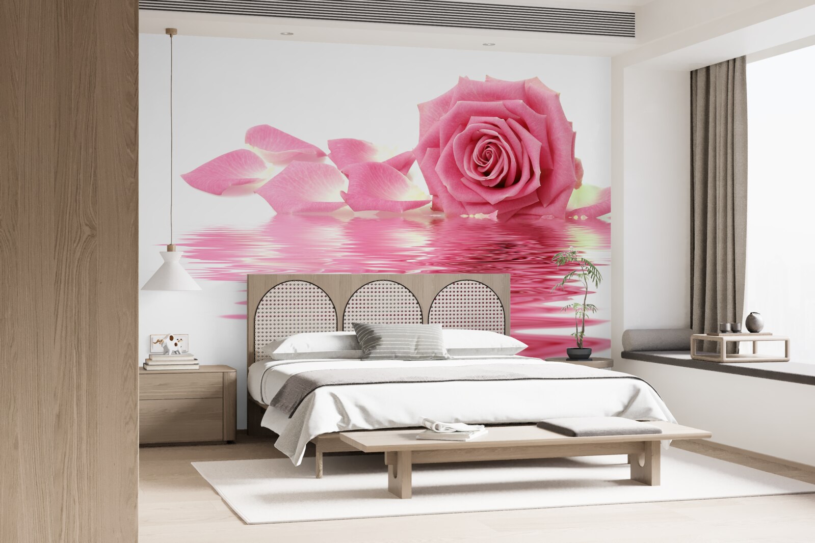 Papier peint reflet d'une rose rose dans l'eau