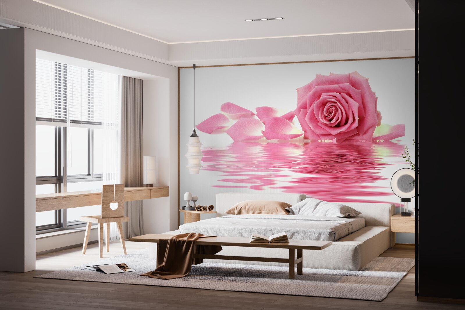 Papier peint reflet d'une rose rose dans l'eau