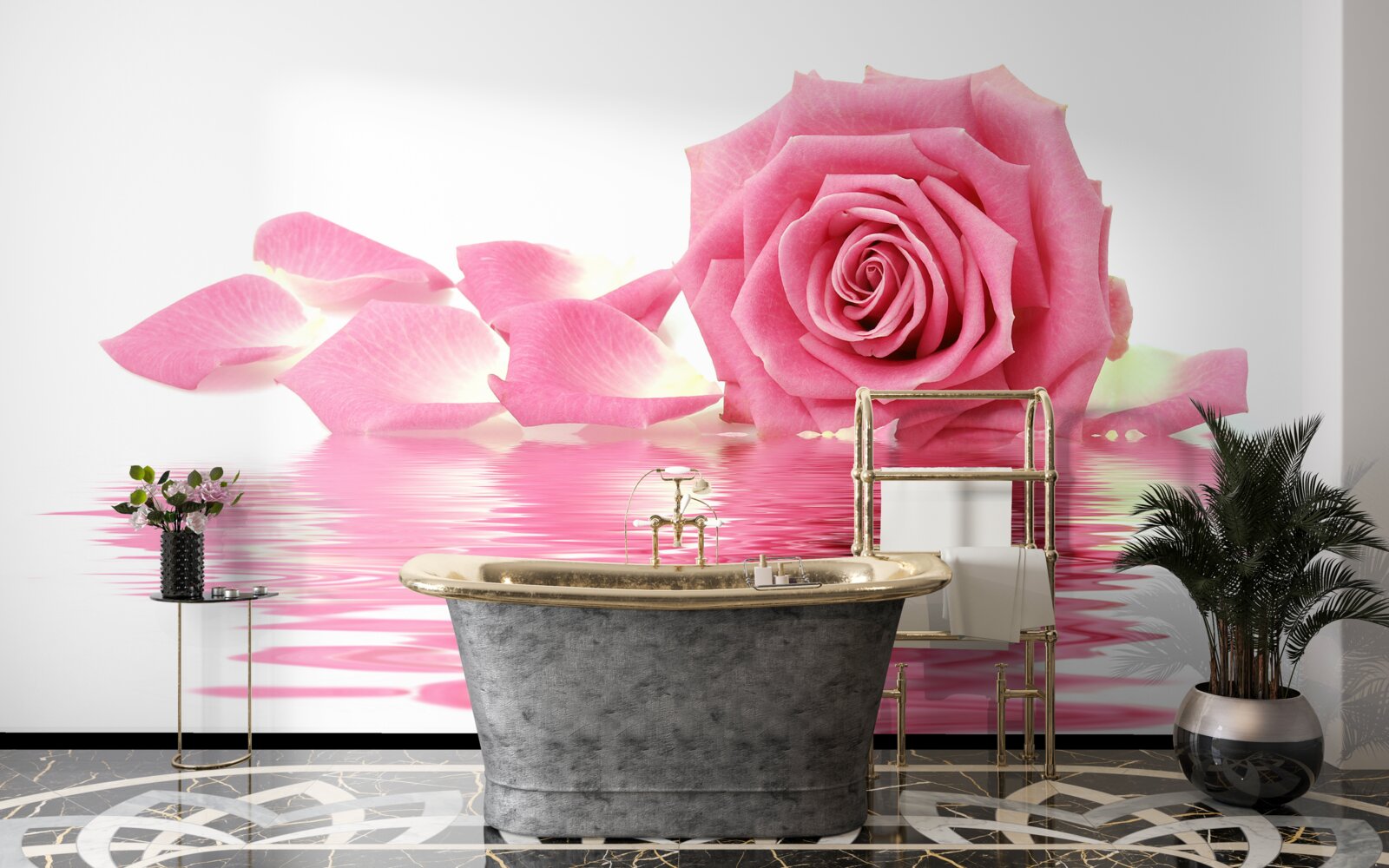 Papier peint reflet d'une rose rose dans l'eau