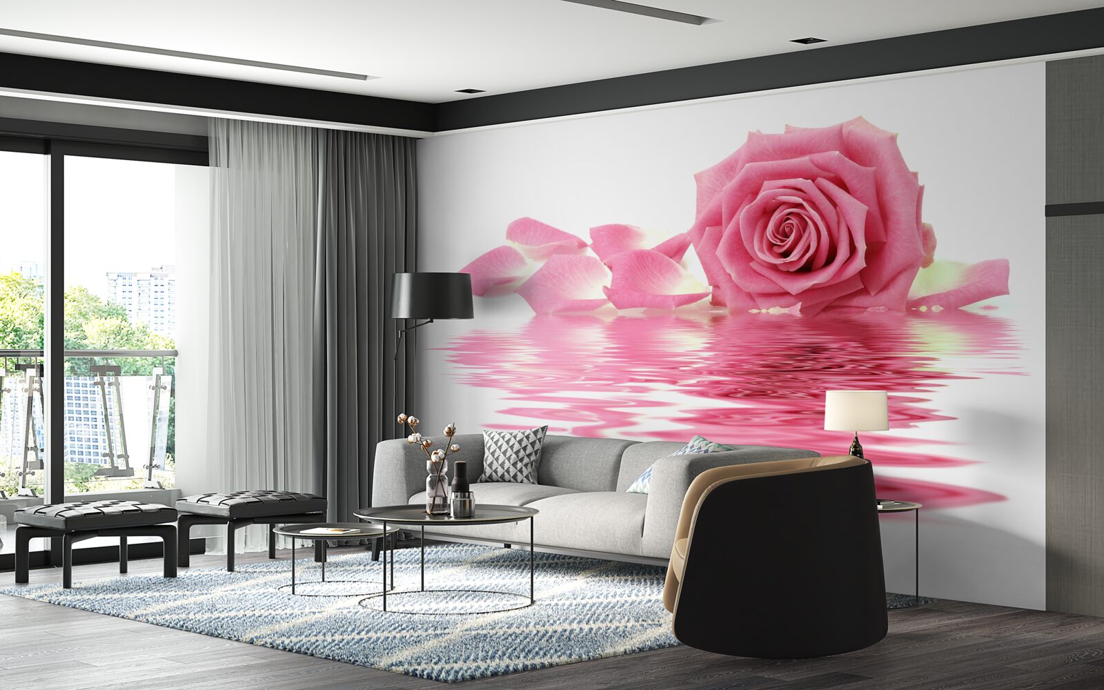 Papier peint reflet d'une rose rose dans l'eau