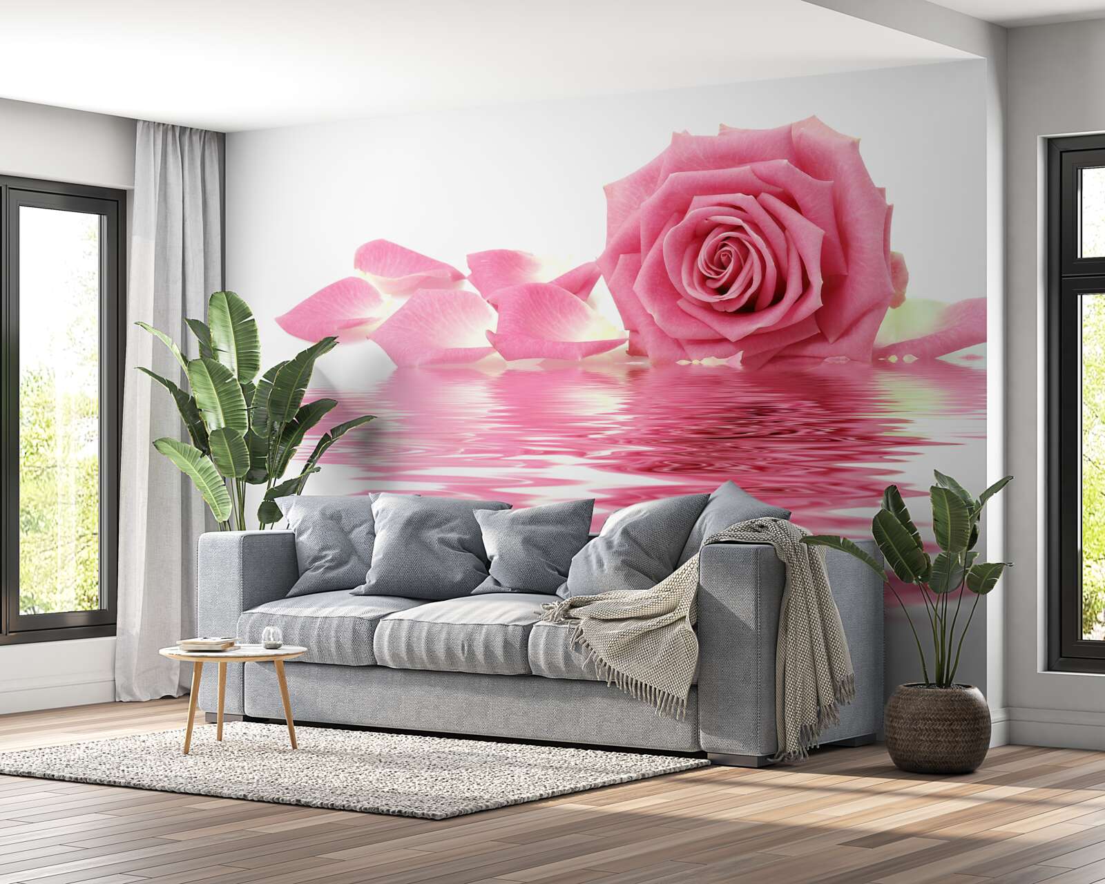 Papier peint reflet d'une rose rose dans l'eau