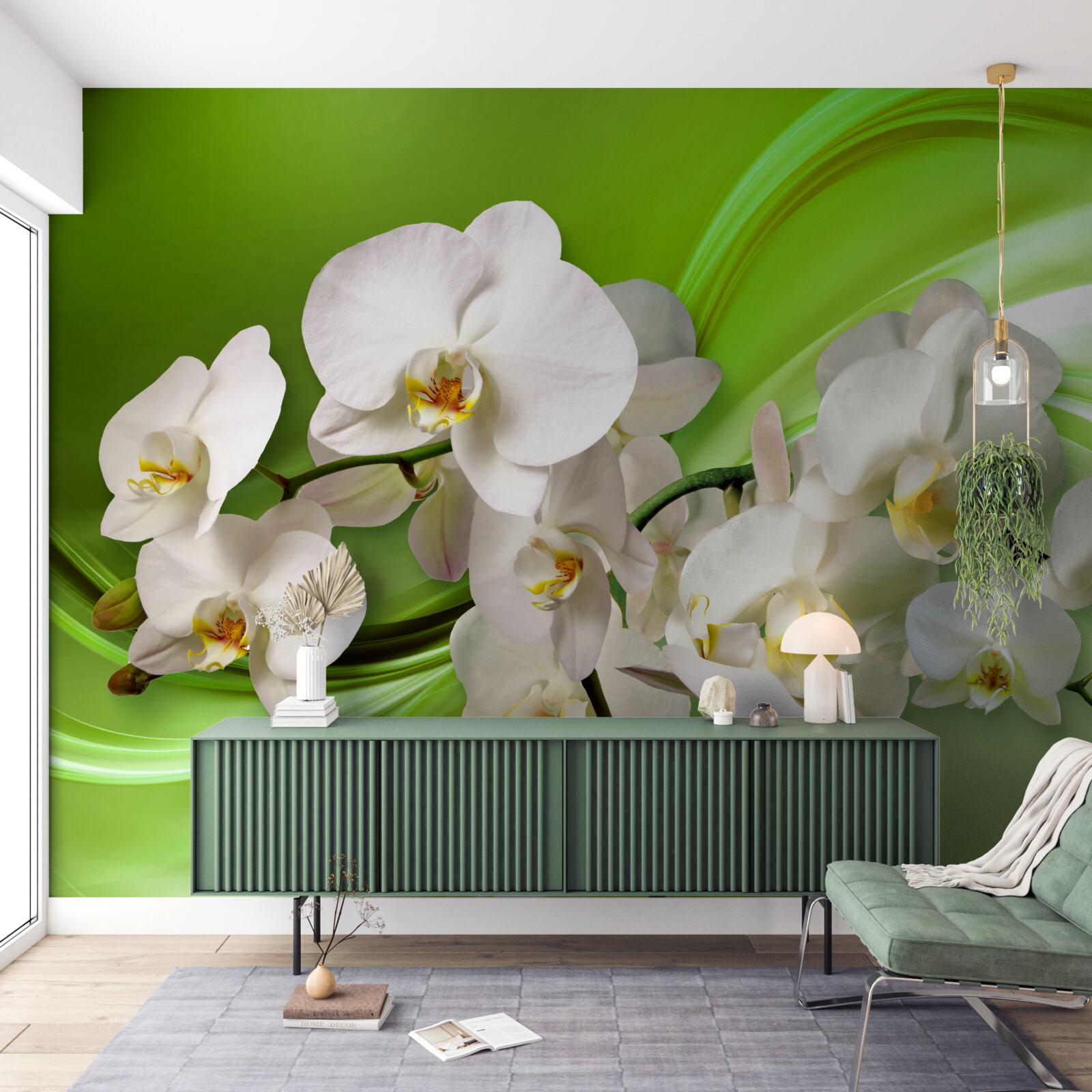 Papier peint orchidées blanches sur une branche sur fond vert