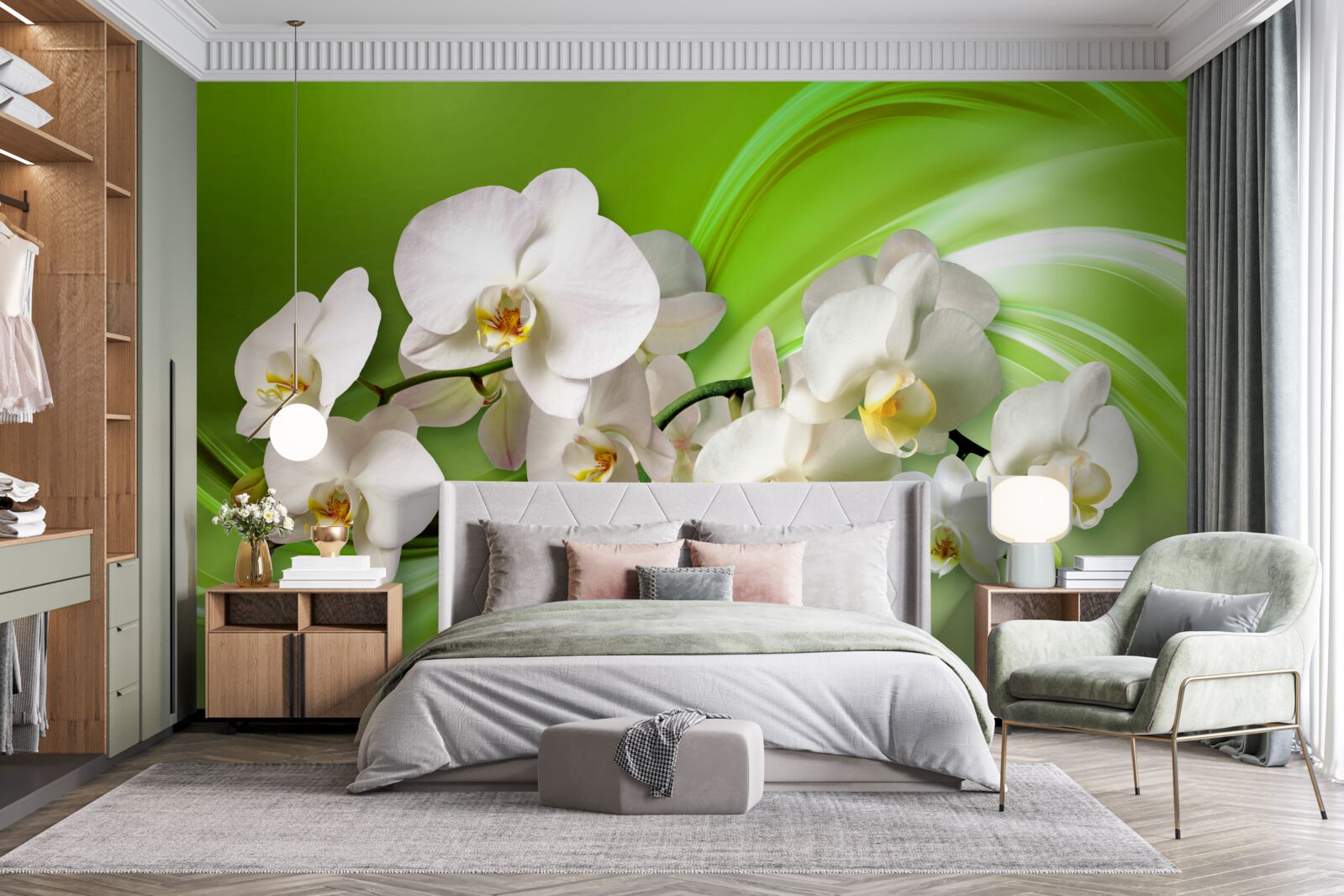 Papier peint orchidées blanches sur une branche sur fond vert
