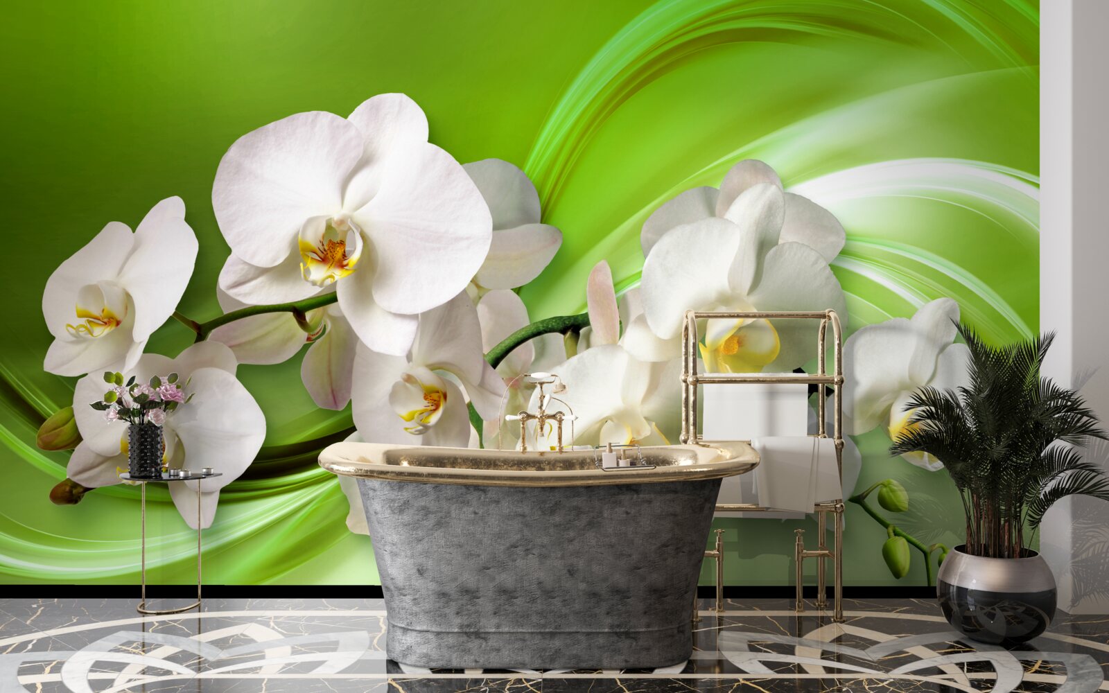 Papier peint orchidées blanches sur une branche sur fond vert