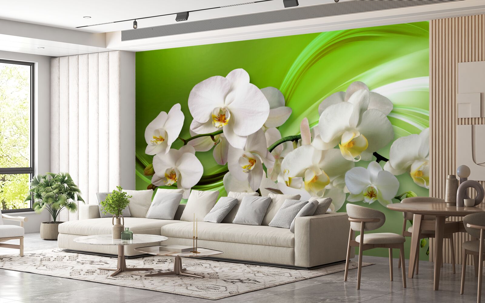 Papier peint orchidées blanches sur une branche sur fond vert