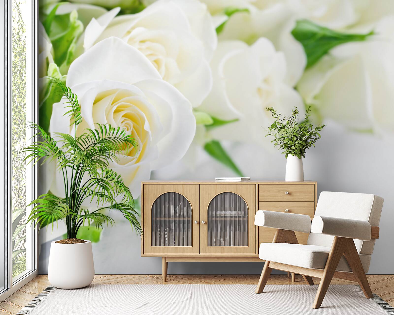 Papier peint rose blanche sur fond blanc neige