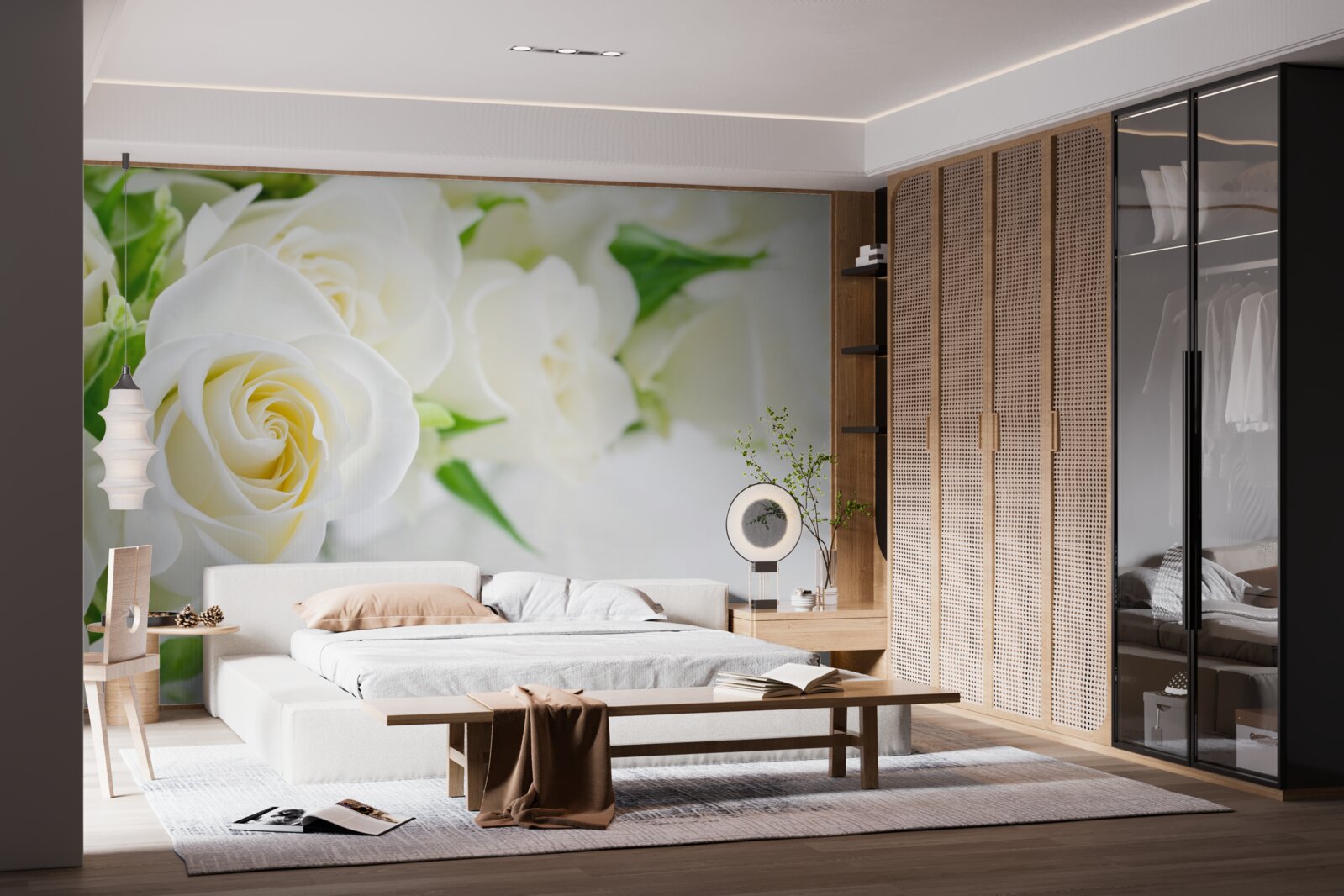 Papier peint rose blanche sur fond blanc neige