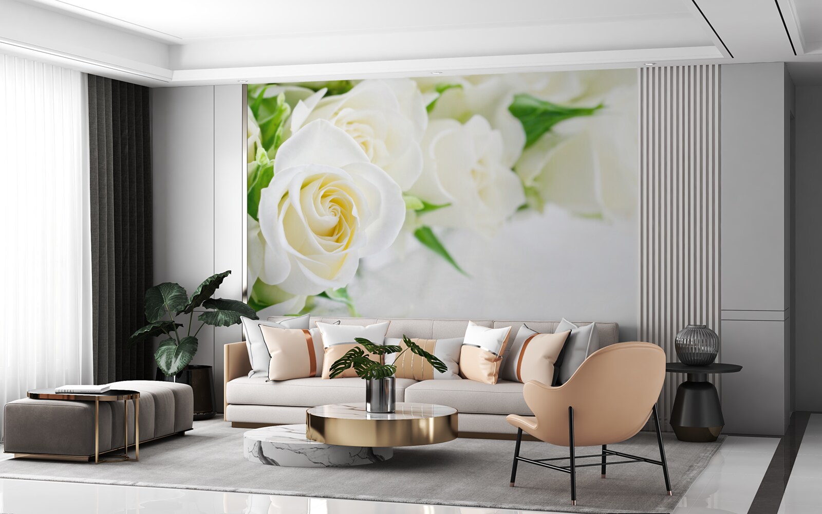 Papier peint rose blanche sur fond blanc neige