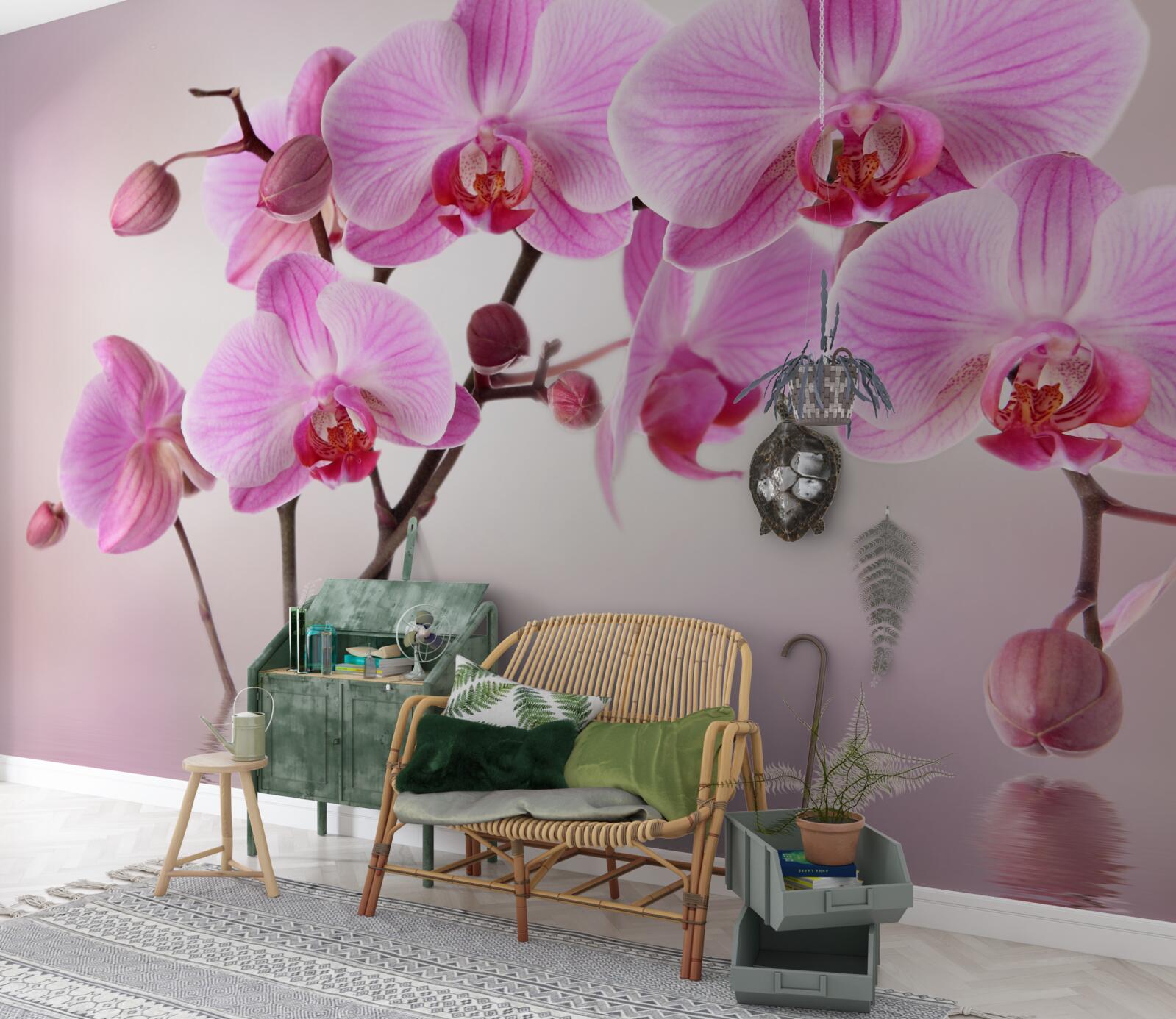 Papier peint au-dessus de l'eau pendent les branches d'une orchidée lilas