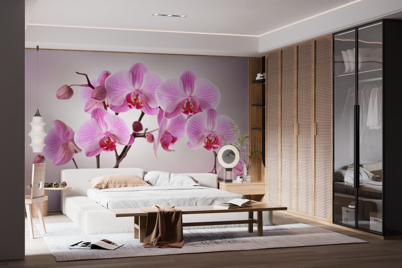 Papier peint au-dessus de l'eau pendent les branches d'une orchidée lilas