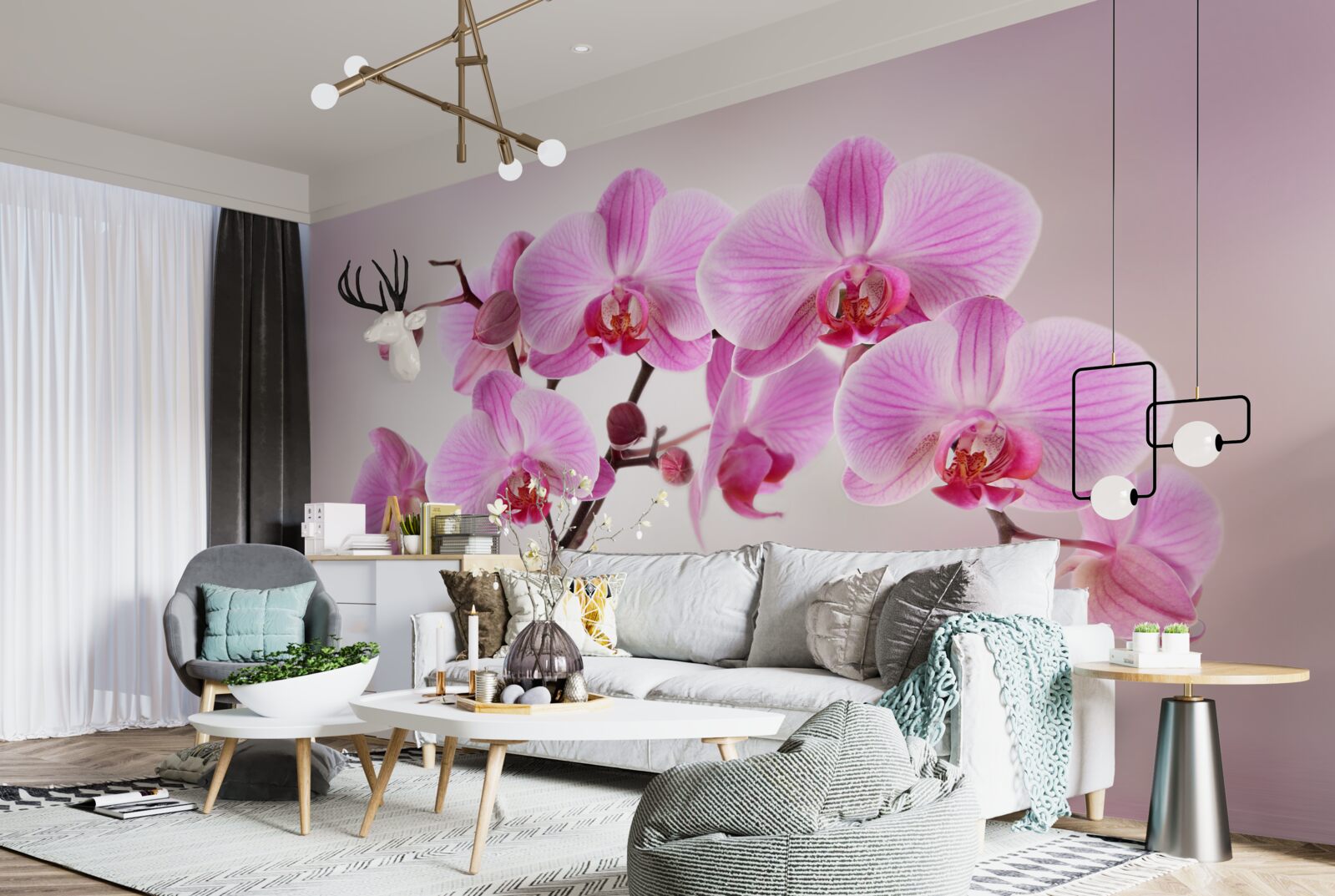 Papier peint au-dessus de l'eau pendent les branches d'une orchidée lilas