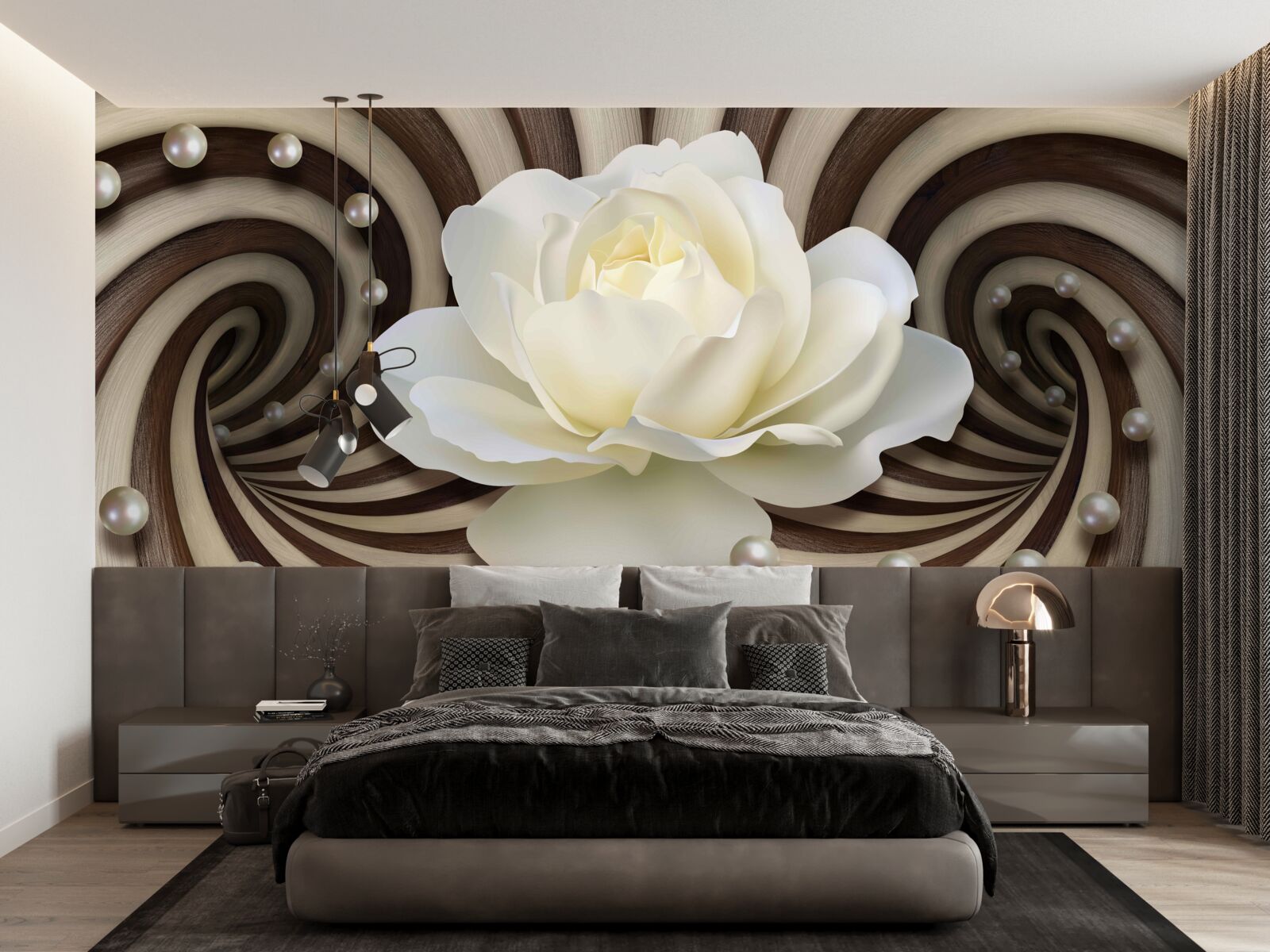 Papier peint la rose est blanche avec des décorations et des boucles en perles